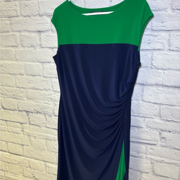 Lauren Ralph Lauren Dress Size 14 Navy Green Midi Ruched Sheath Classic Luxury - Picture 7 of 11
